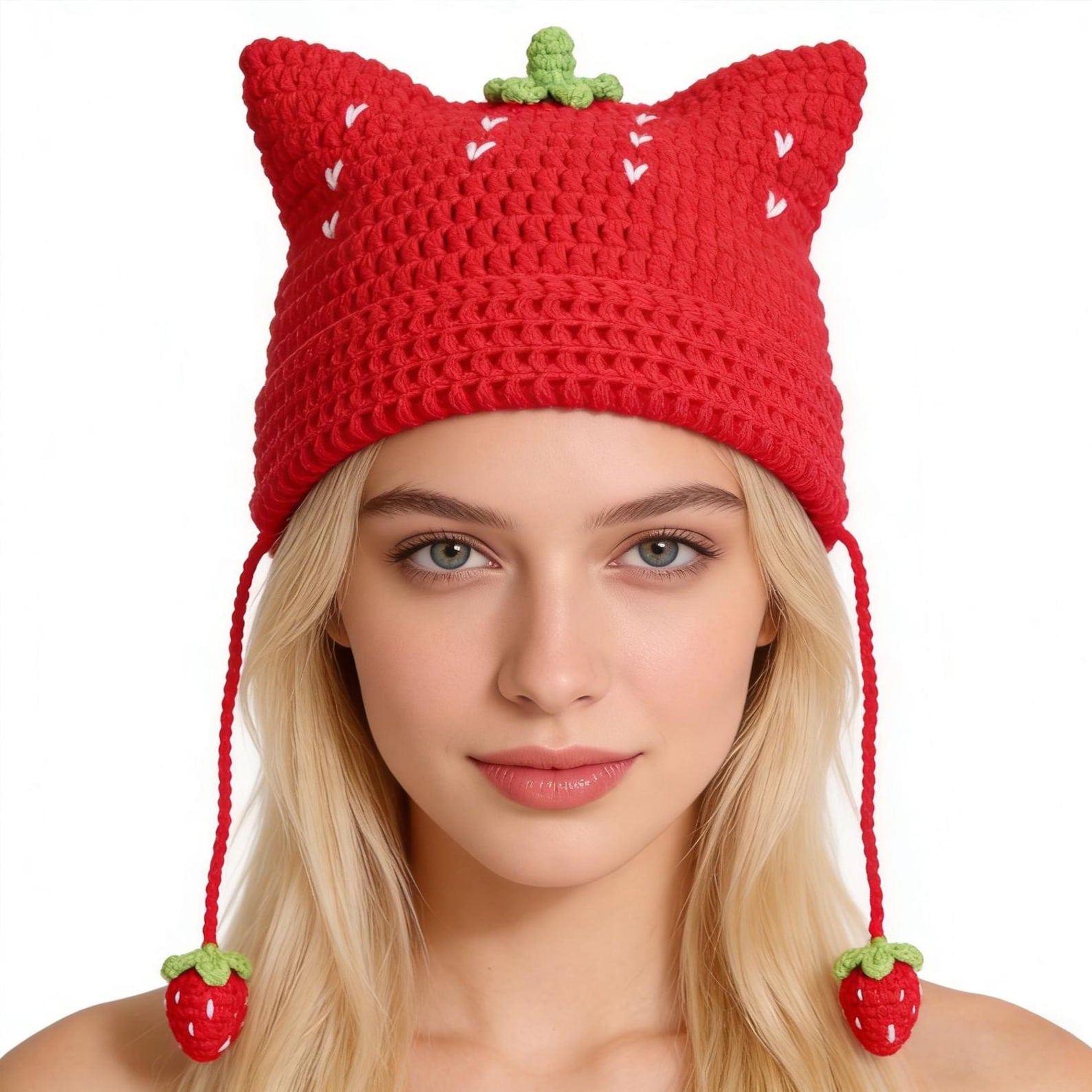 Strawberry Cat Ear Beanie — Hand-Crochet Fruit Tassel Hat