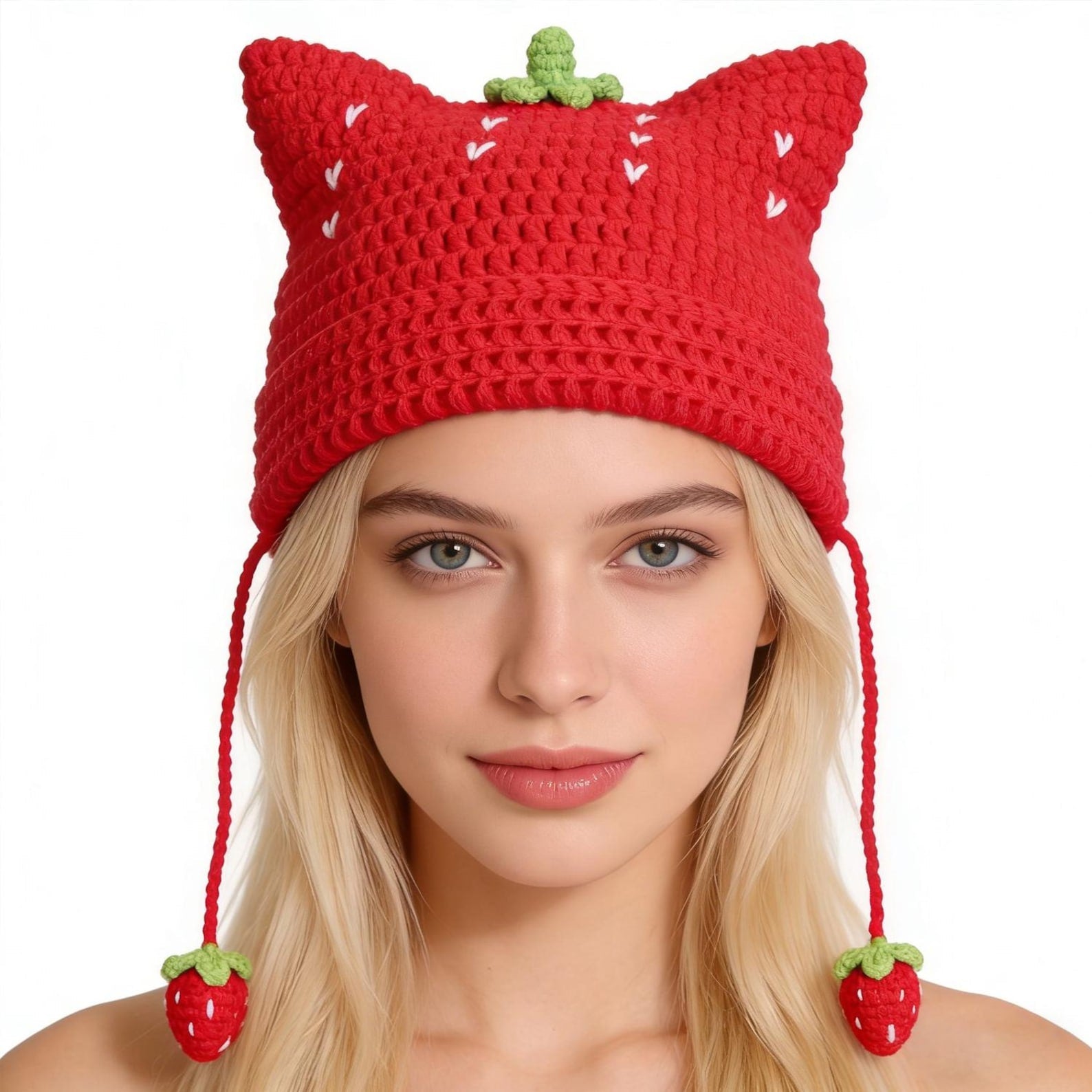Red Strawberry Cat Ear Beanie — Hand-Crochet Fruit Tassel Hat