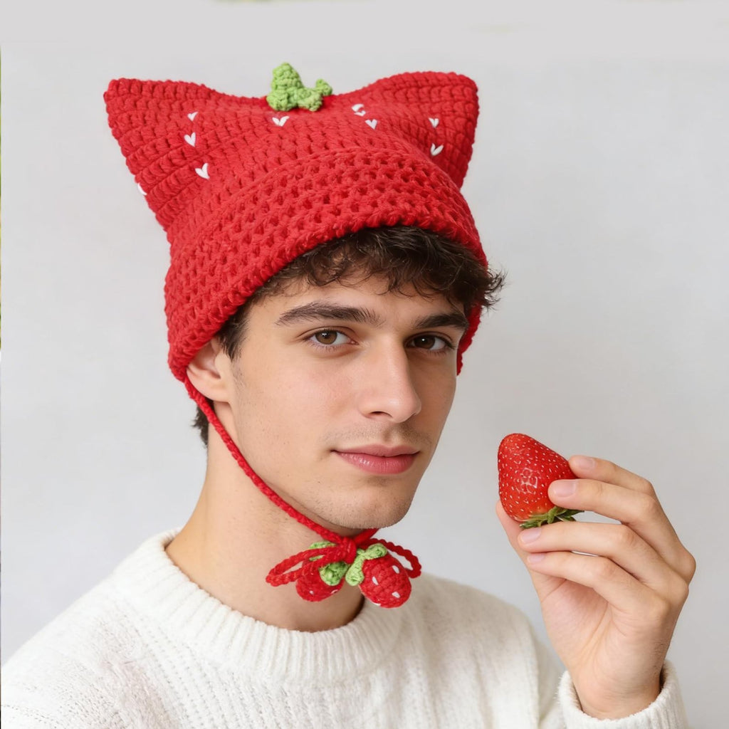 Strawberry Cat Ear Beanie — Hand-Crochet Fruit Tassel Hat