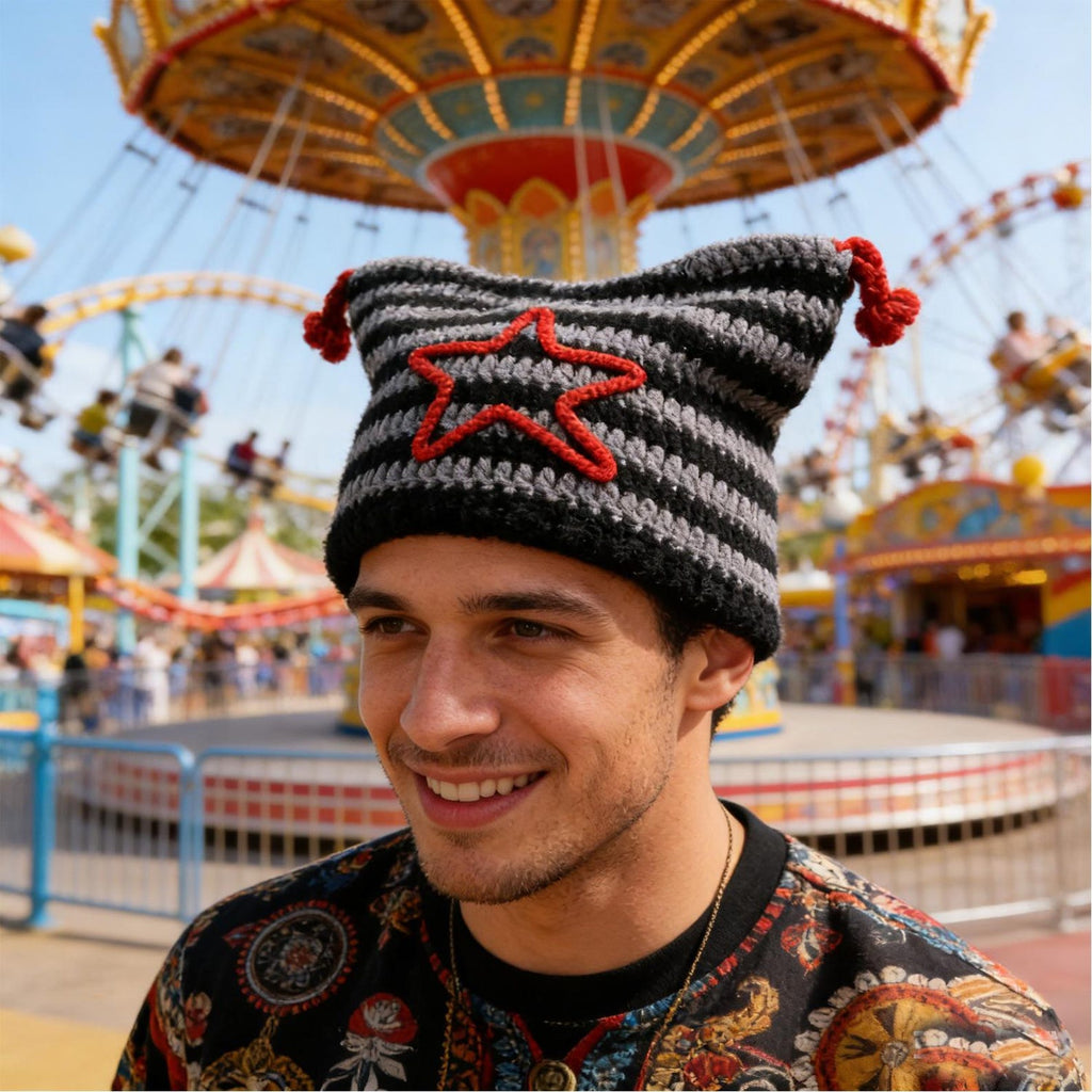 Black Star Cat Ear Beanie — Y2K Striped Hand-Crochet Hat