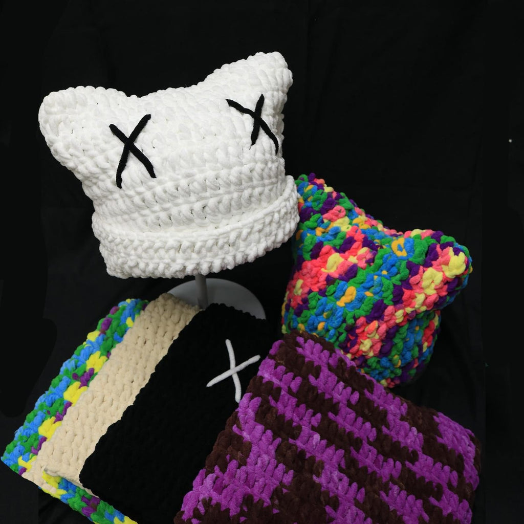 Purple Cat Ear Beanie — Chunky Y2K Hand-Crochet Winter Hat