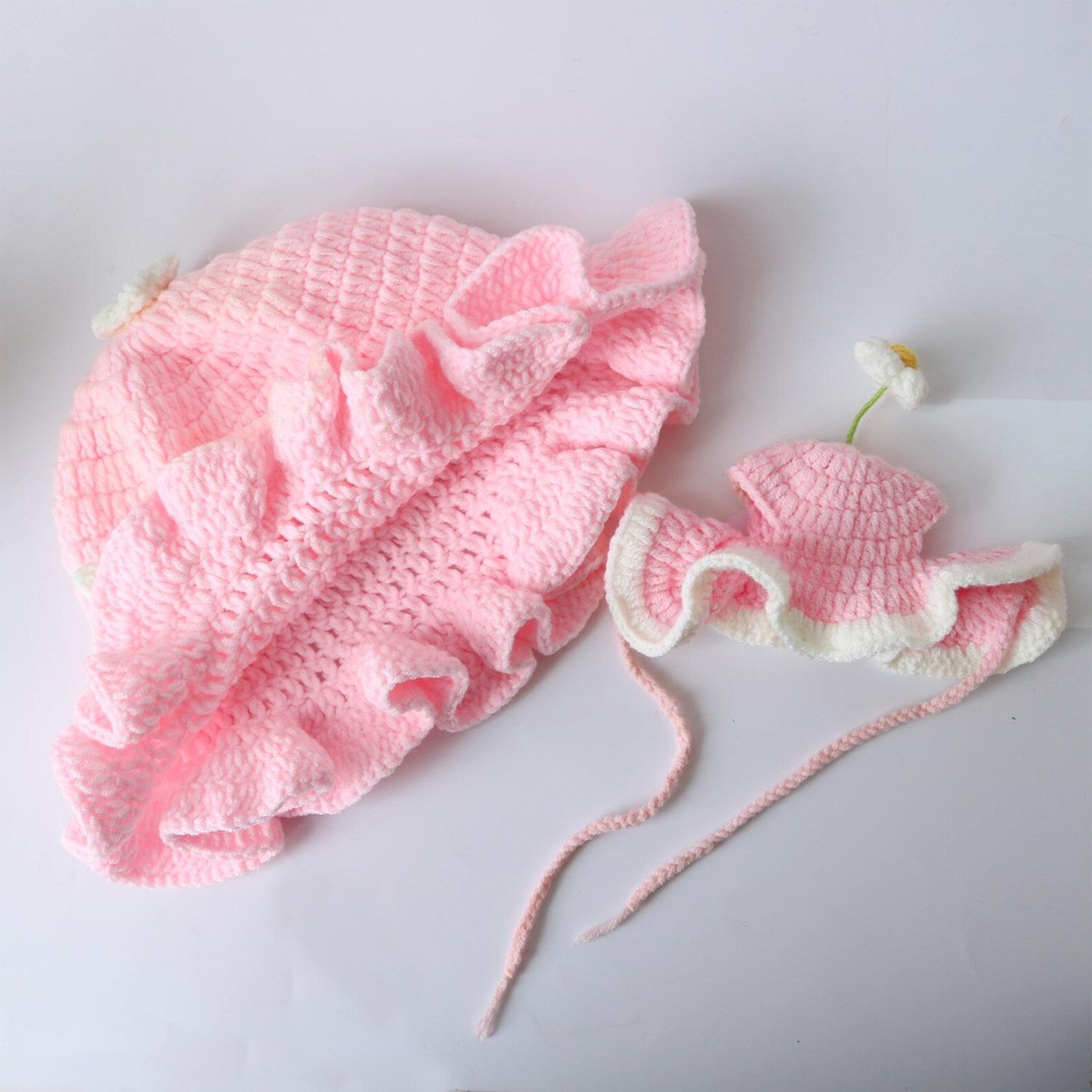 Blush Pink Daisy Beanie — Hand-Crochet Human & Cat Matching Set