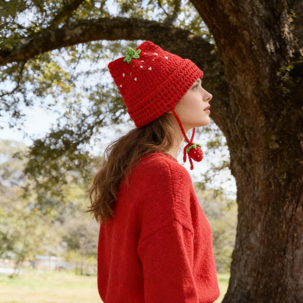Strawberry Cat Ear Beanie — Hand-Crochet Fruit Tassel Hat
