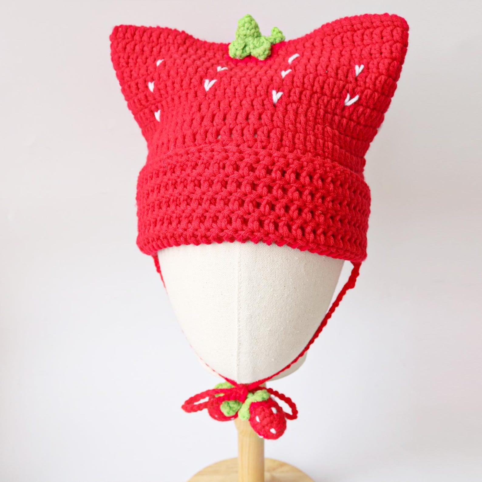 Strawberry Cat Ear Beanie — Hand-Crochet Fruit Tassel Hat