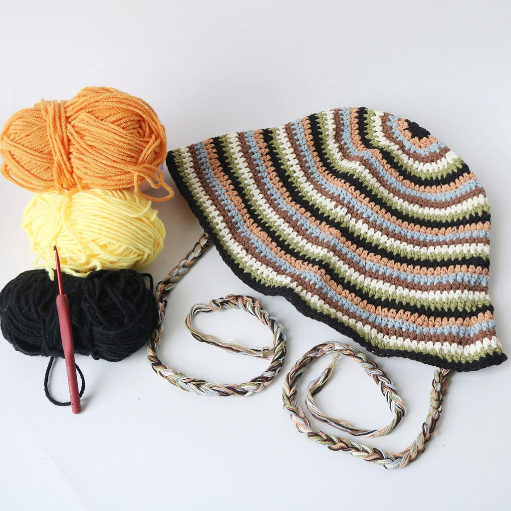 Orange Stripe Boho Bucket Hat — Retro Striped Hand-Crochet Sun Hat