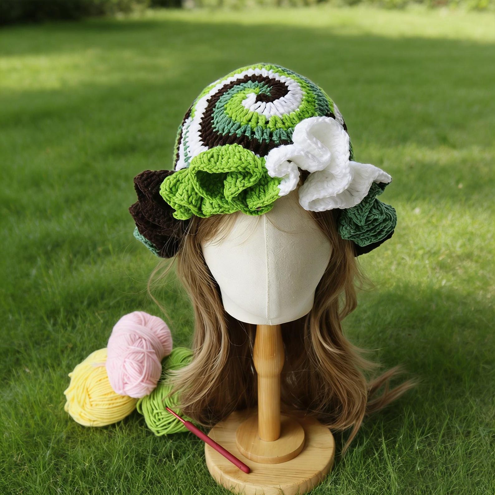 Green Snail Shell Hat — Spiral Ruffle Hand-Crochet Bucket Hat