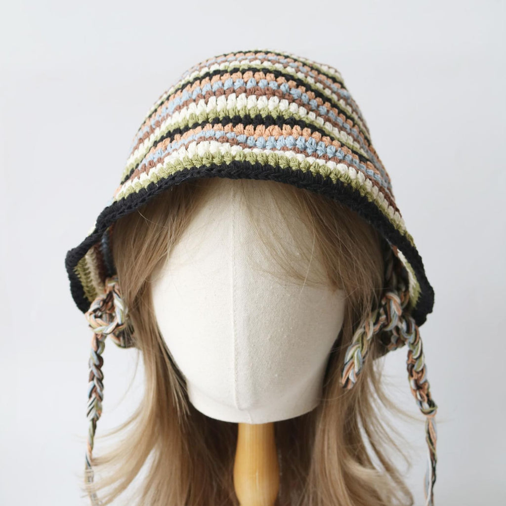 Boho Bucket Hat — Retro Striped Hand-Crochet Sun Hat