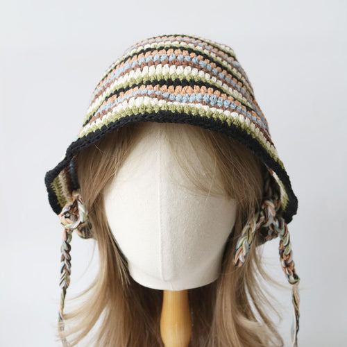 Boho Bucket Hat — Retro Striped Hand-Crochet Sun Hat