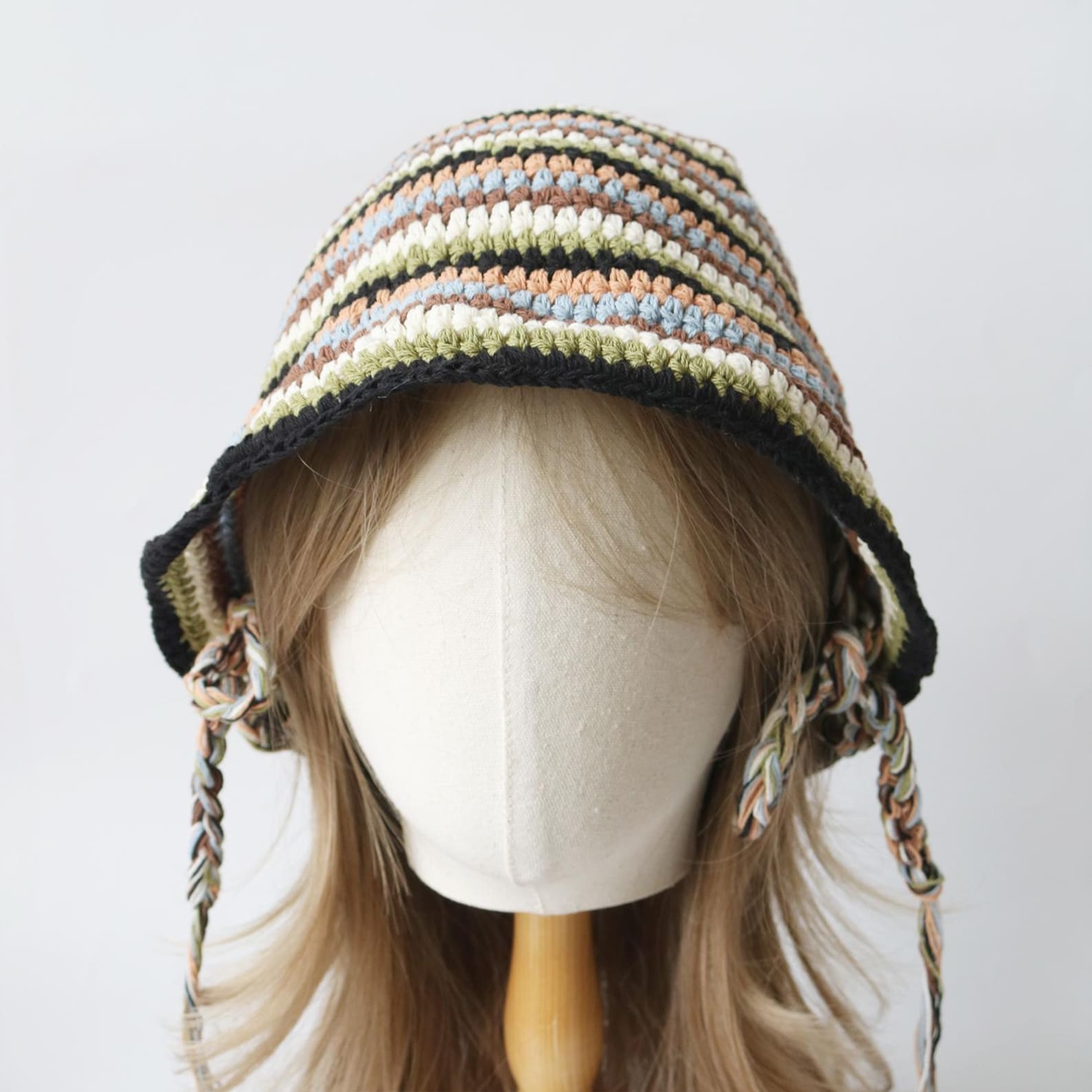 Muted Stripe Boho Bucket Hat — Retro Striped Hand-Crochet Sun Hat