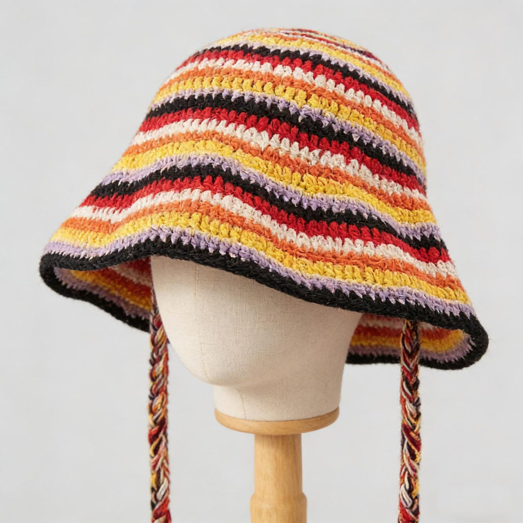 Boho Bucket Hat — Retro Striped Hand-Crochet Sun Hat