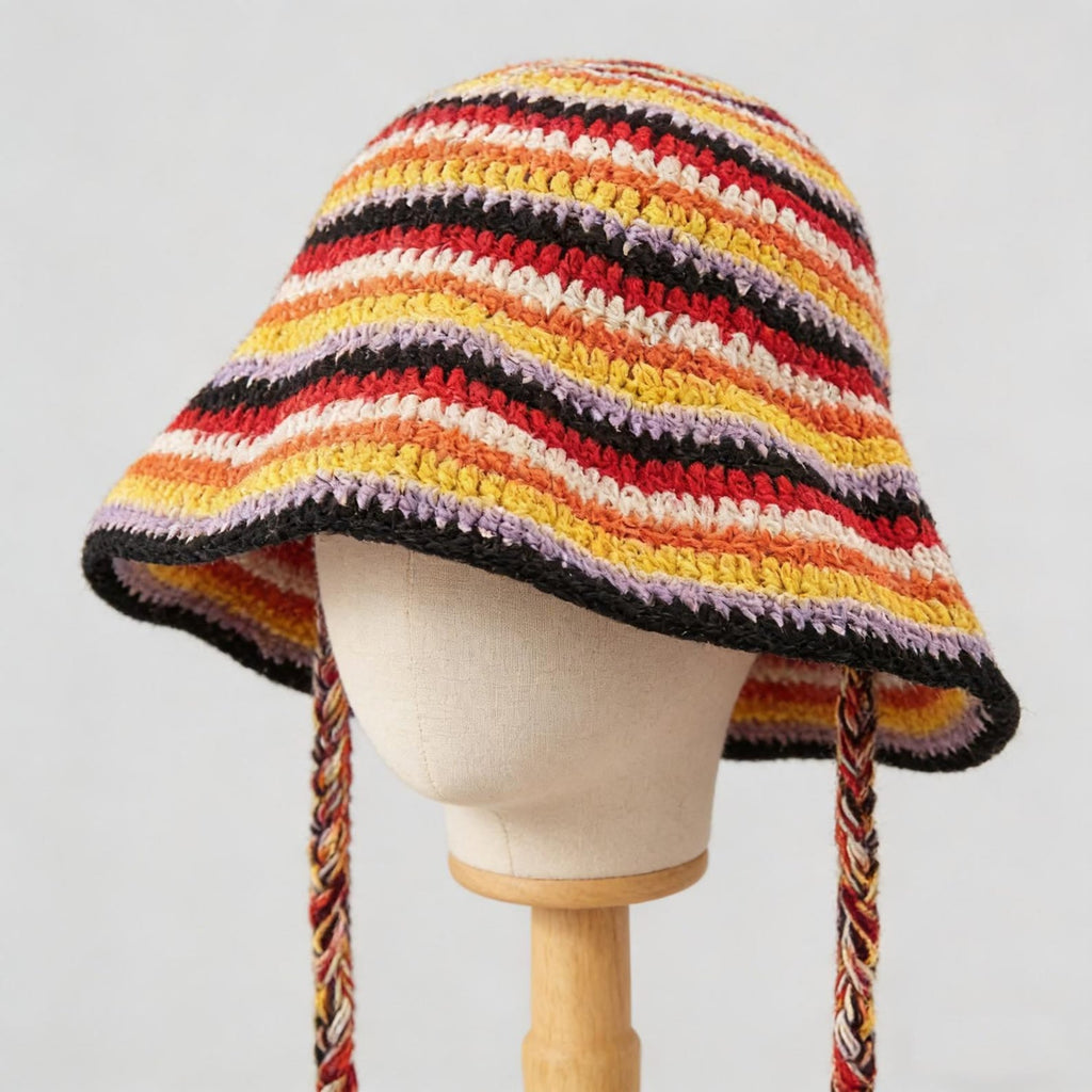 Orange Stripe Boho Bucket Hat — Retro Striped Hand-Crochet Sun Hat