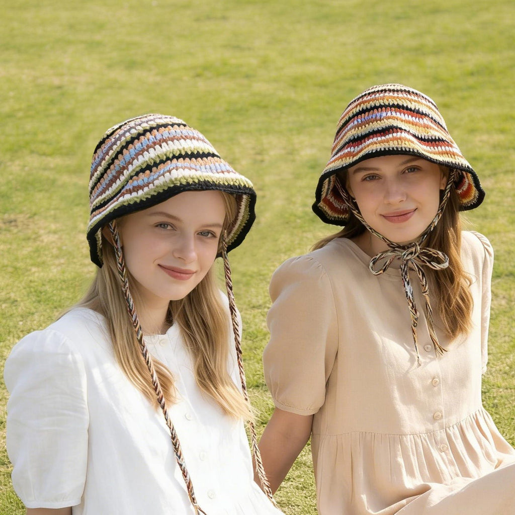 Orange Stripe Boho Bucket Hat — Retro Striped Hand-Crochet Sun Hat