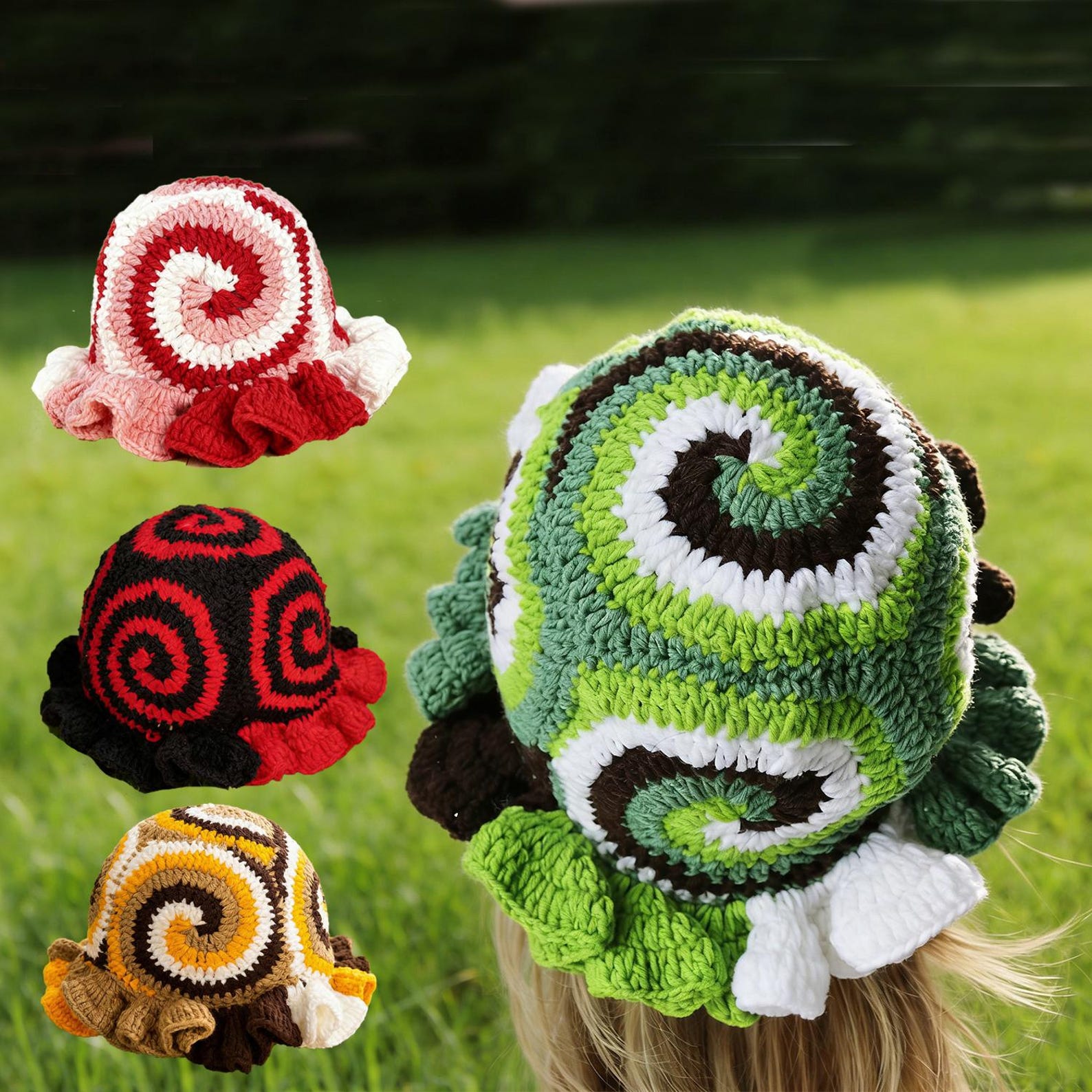 Red Snail Shell Hat — Spiral Ruffle Hand-Crochet Bucket Hat