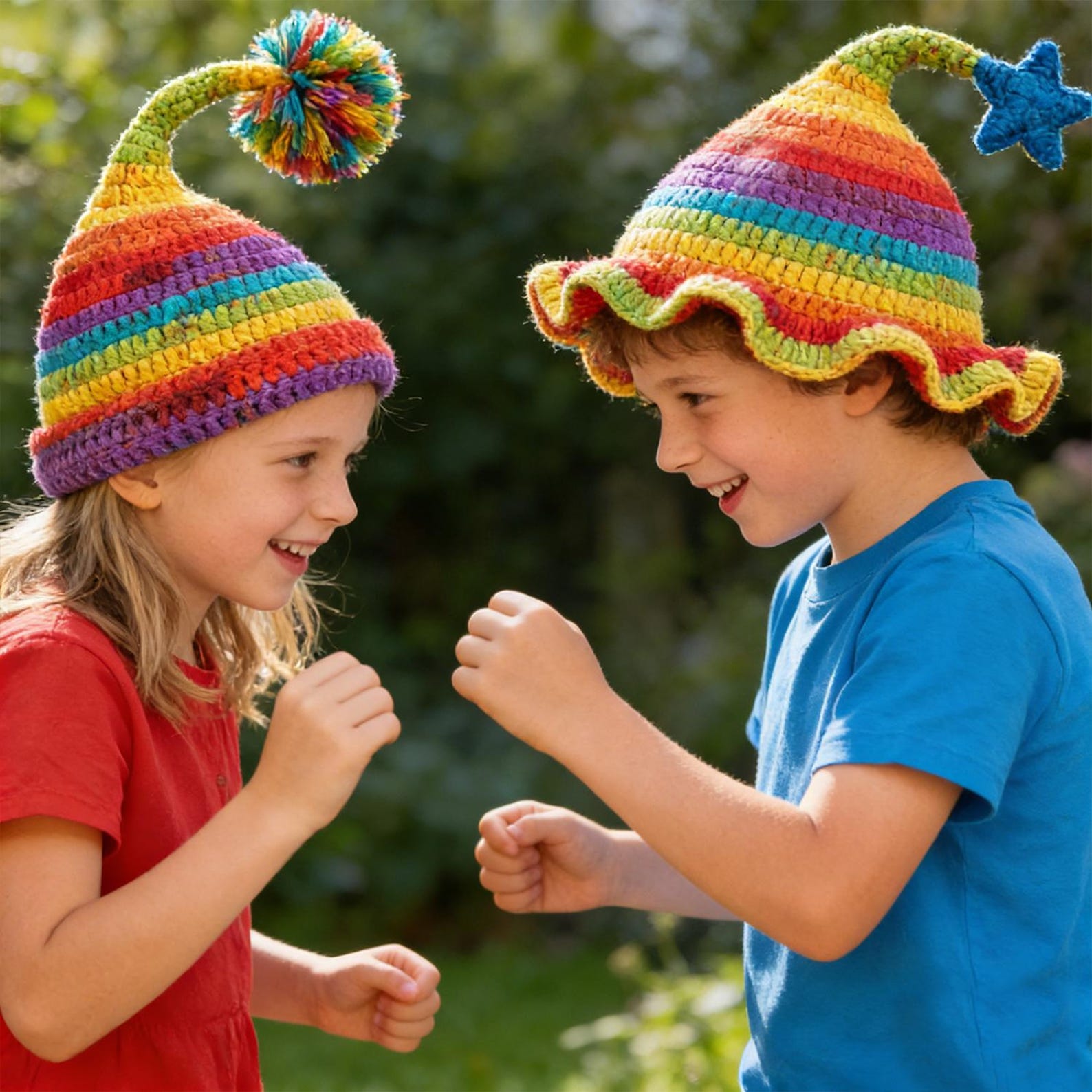 Wizard Hat — Rainbow Striped Hand-Crochet Pom-Pom Hat