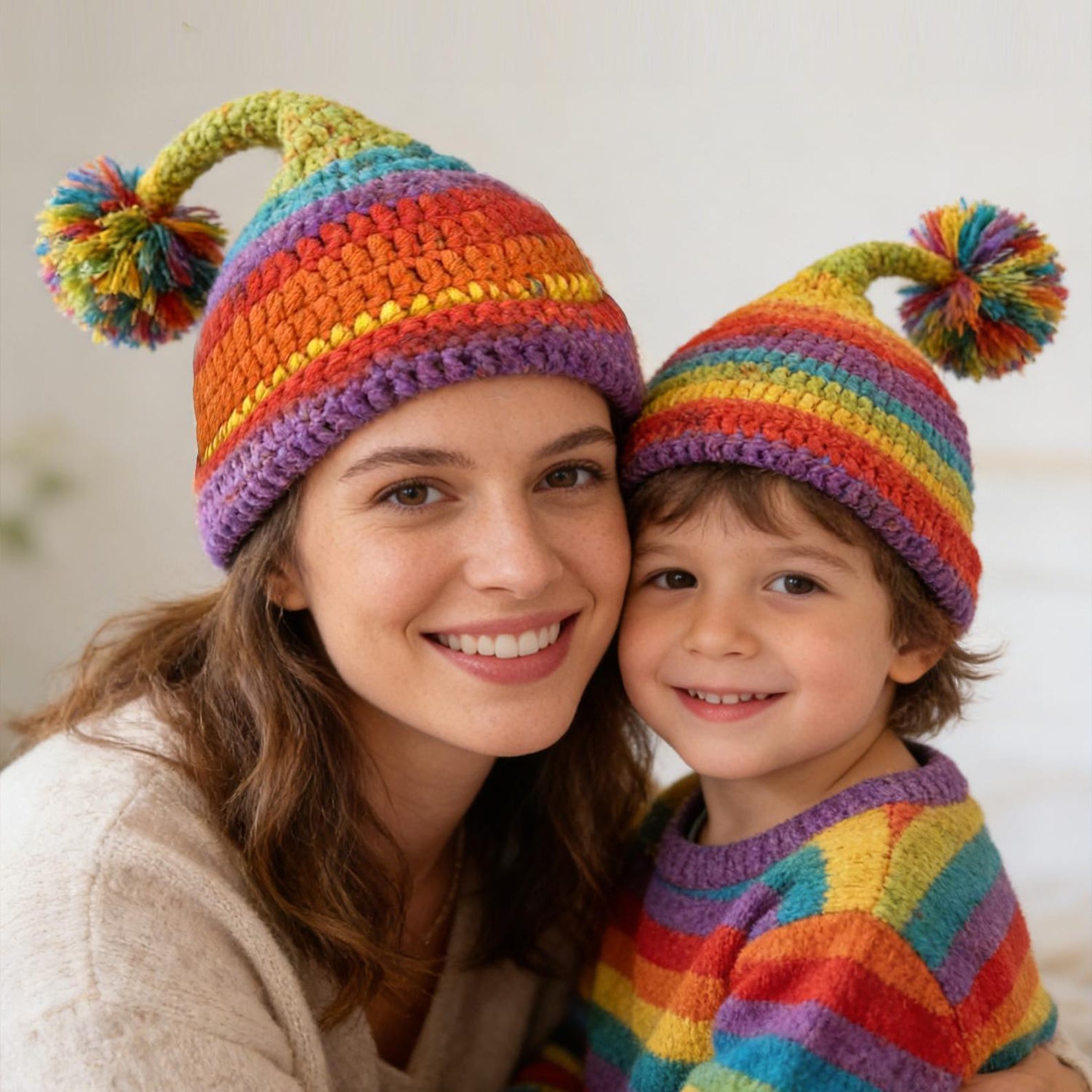 Rainbow Wizard Hat — Rainbow Striped Hand-Crochet Pom-Pom Hat