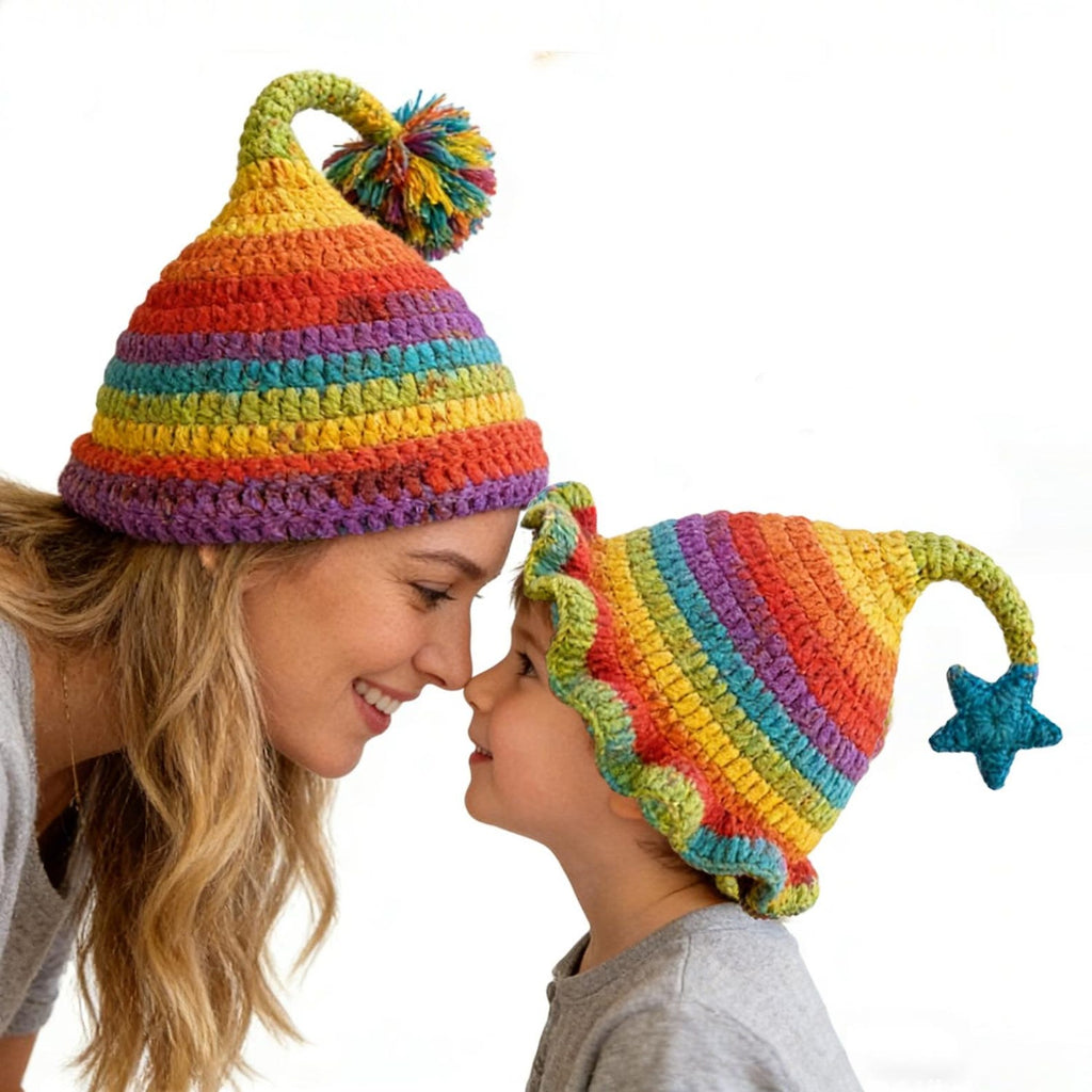 Wizard Hat — Rainbow Striped Hand-Crochet Pom-Pom Hat