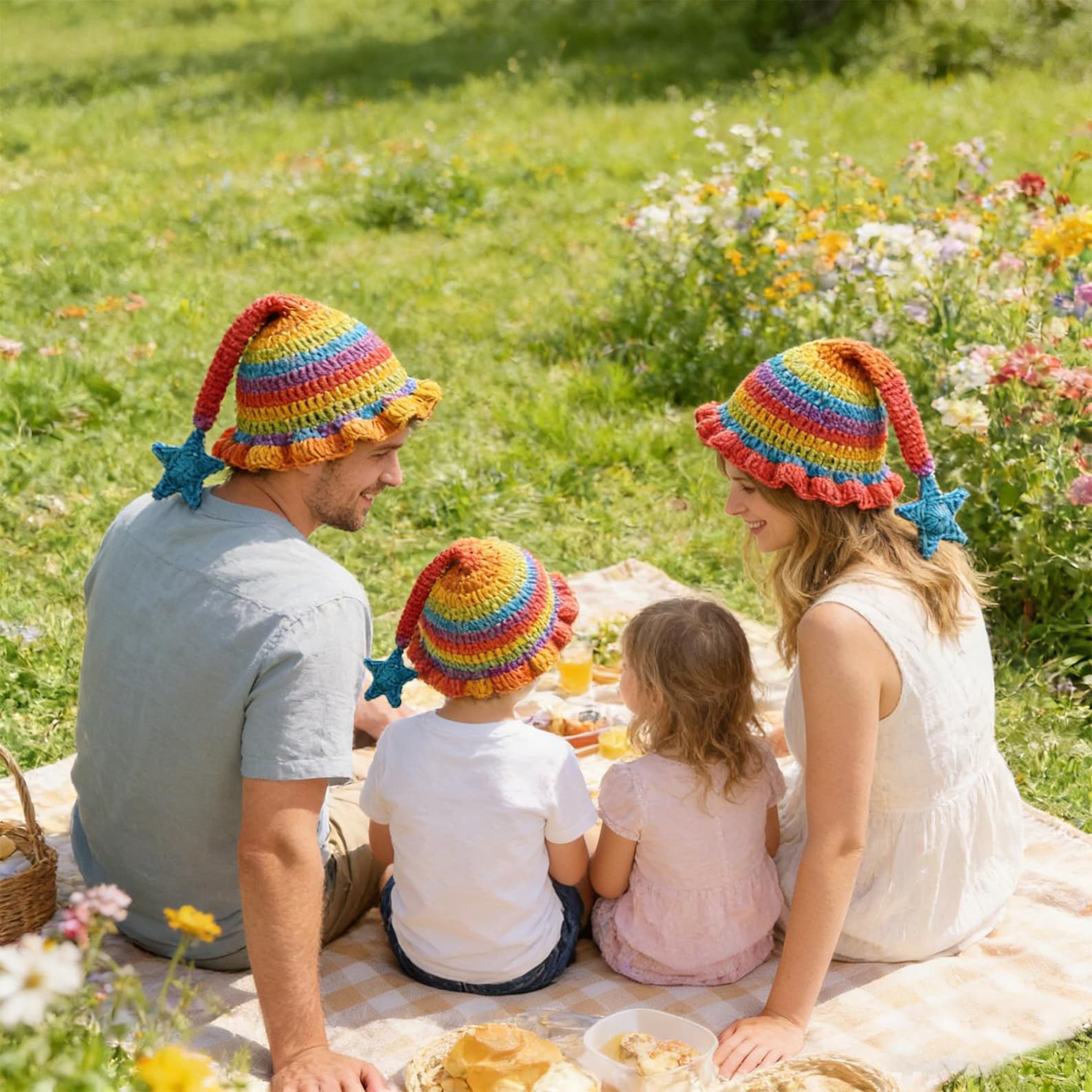 Wizard Hat — Rainbow Striped Hand-Crochet Pom-Pom Hat