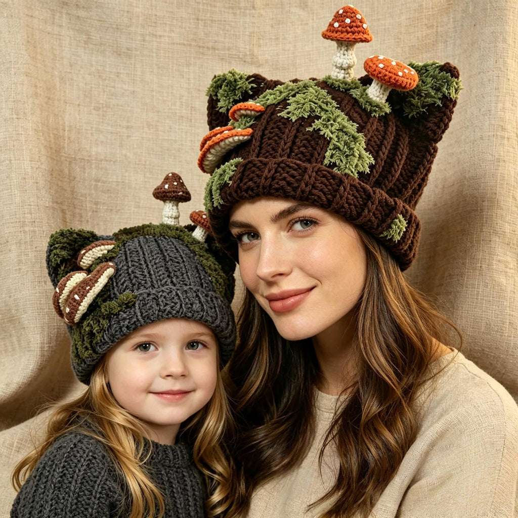 Brown Cat Ear Mushroom Beanie — Hand-Crochet Mossy Woodland Hat