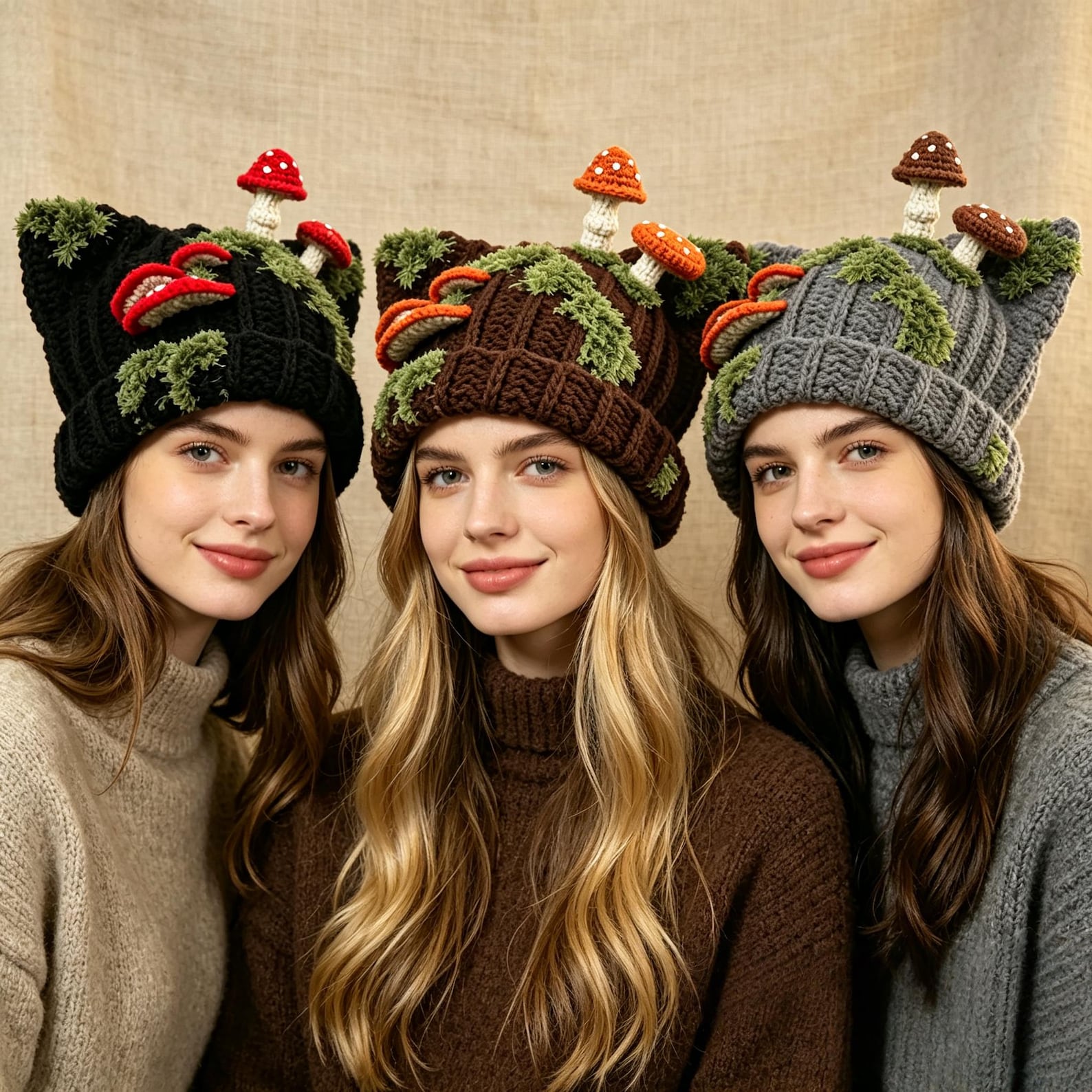 Light Grey Cat Ear Mushroom Beanie — Hand-Crochet Mossy Woodland Hat
