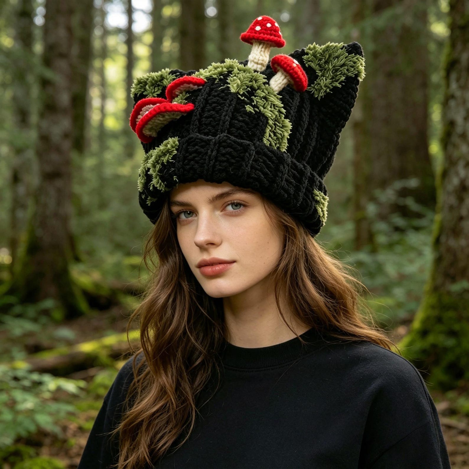 Cat Ear Mushroom Beanie — Hand-Crochet Mossy Woodland Hat