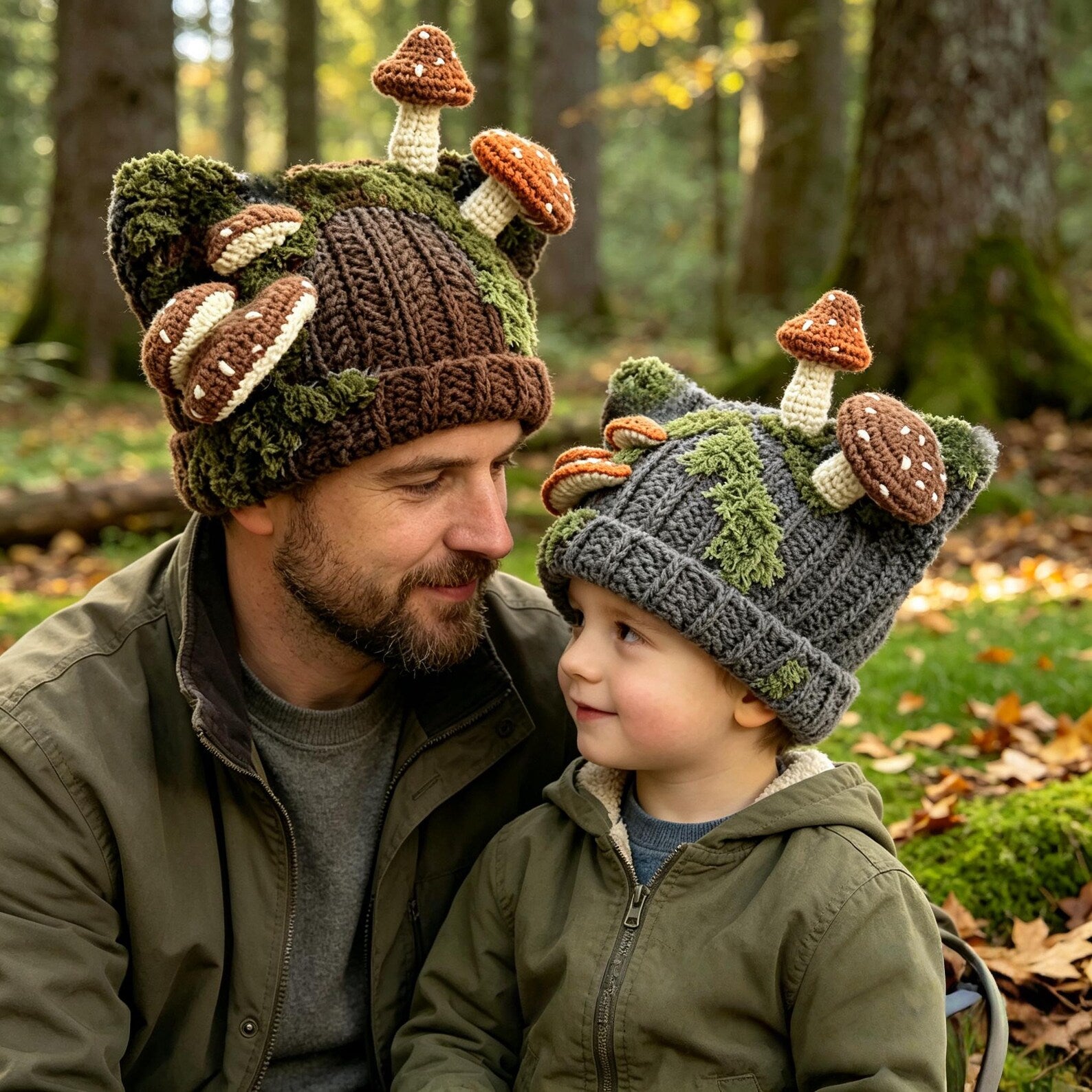 Cat Ear Mushroom Beanie — Hand-Crochet Mossy Woodland Hat