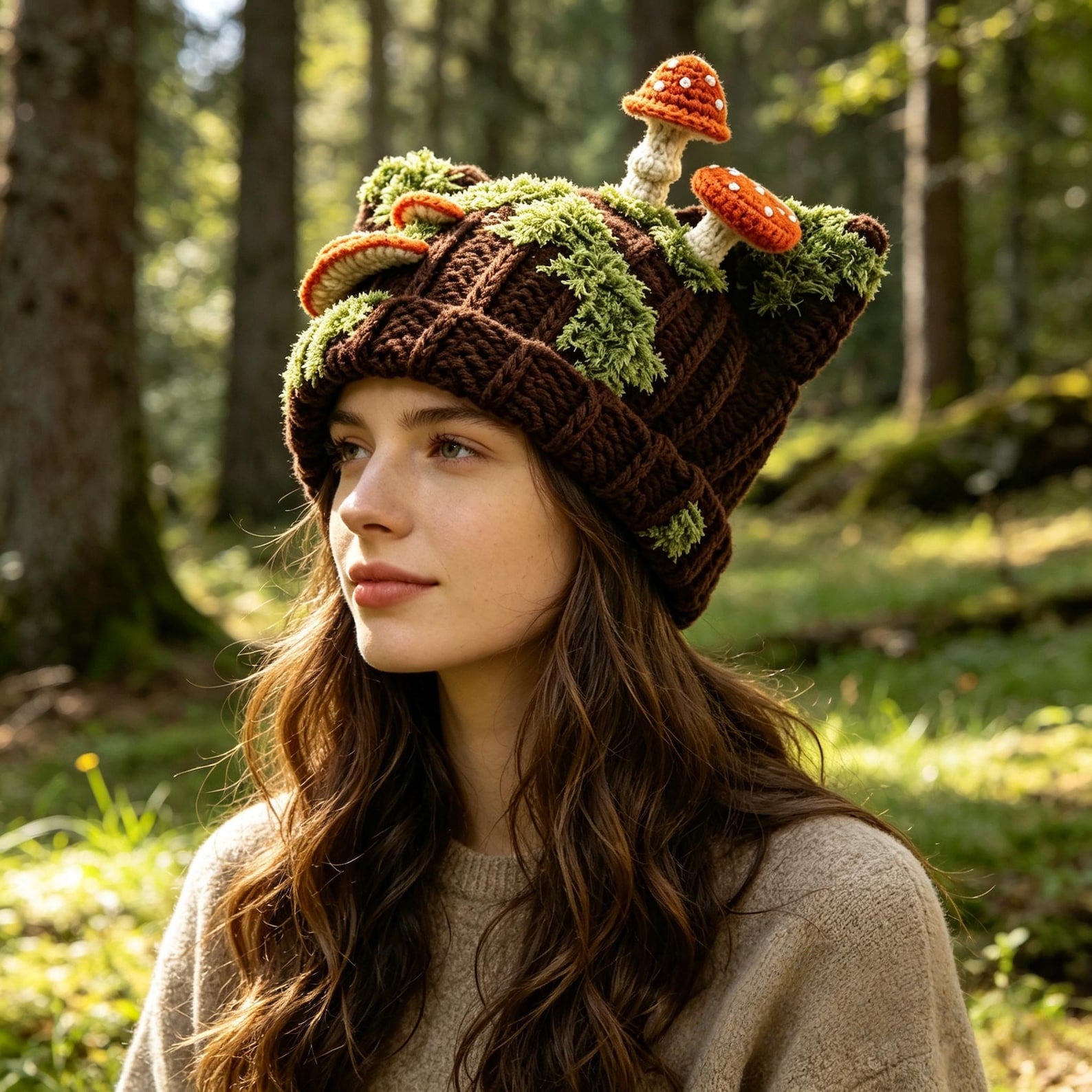 Cat Ear Mushroom Beanie — Hand-Crochet Mossy Woodland Hat