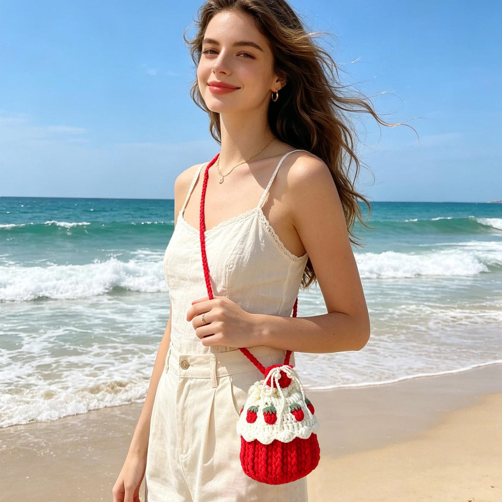 Strawberry Red Strawberry Mushroom Bag — Kawaii Hand-Crochet Crossbody Purse
