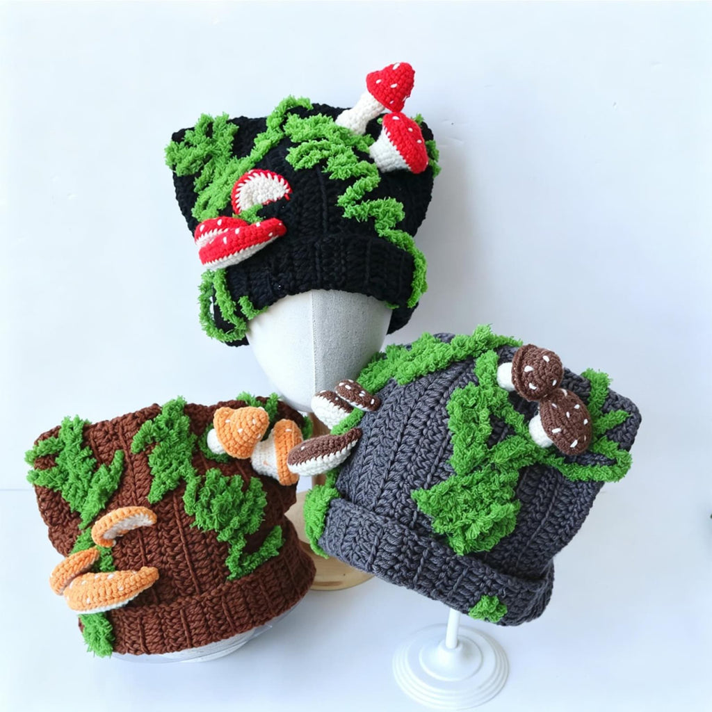 Black Cat Ear Mushroom Beanie — Hand-Crochet Mossy Woodland Hat