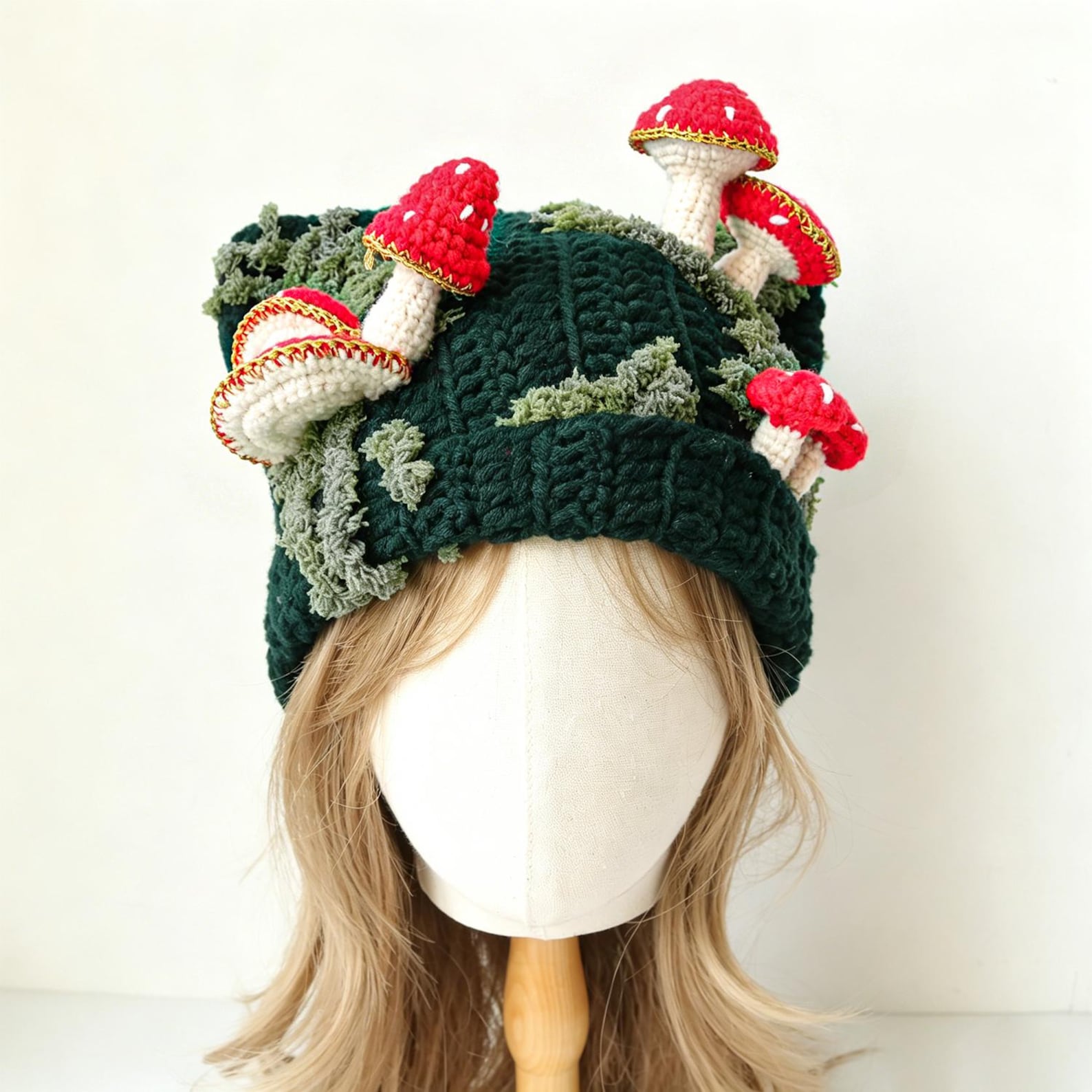 3D Mushroom Cat-Ear Beanie — Hand-Crochet Cottagecore Hat
