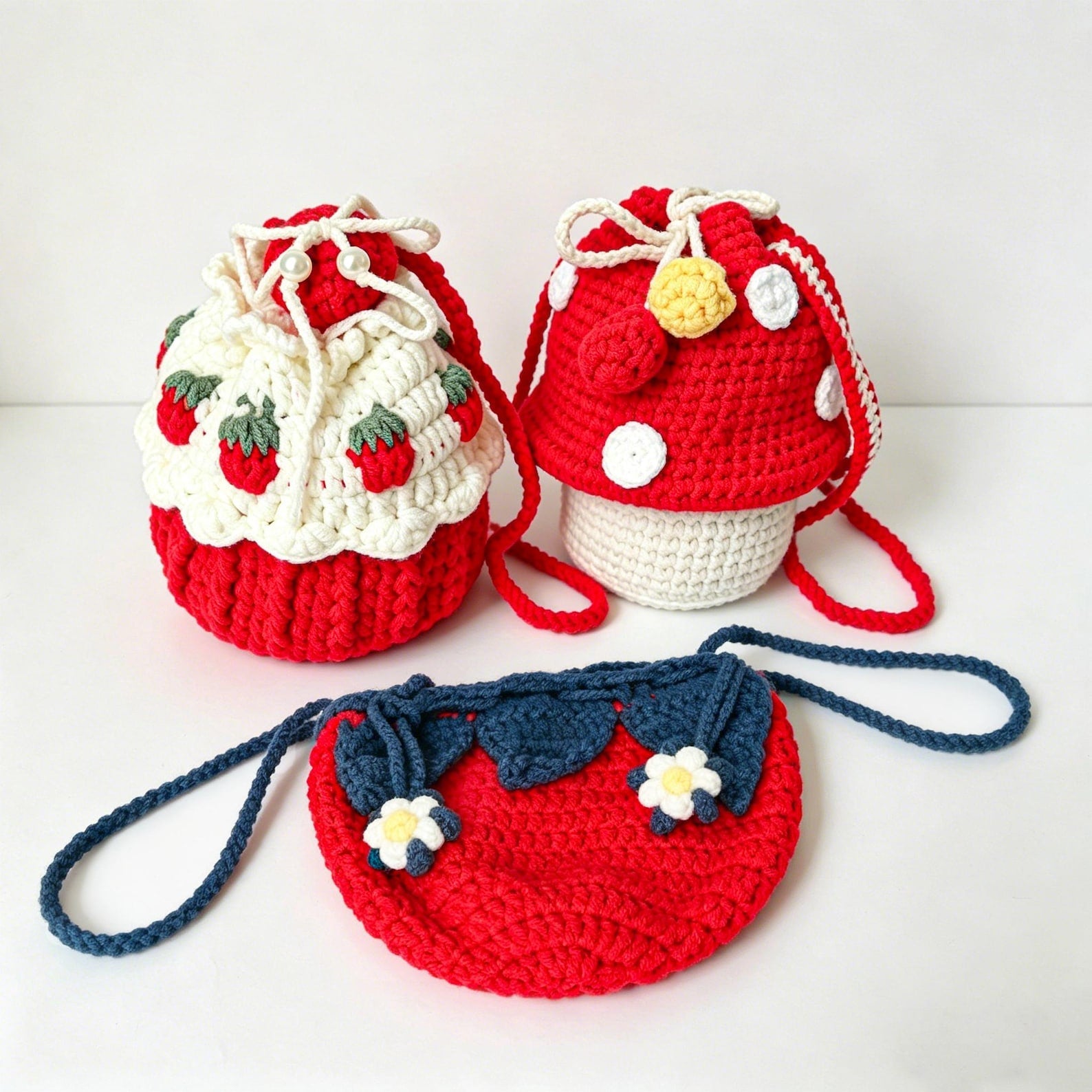 Strawberry Red Strawberry Mushroom Bag — Kawaii Hand-Crochet Crossbody Purse