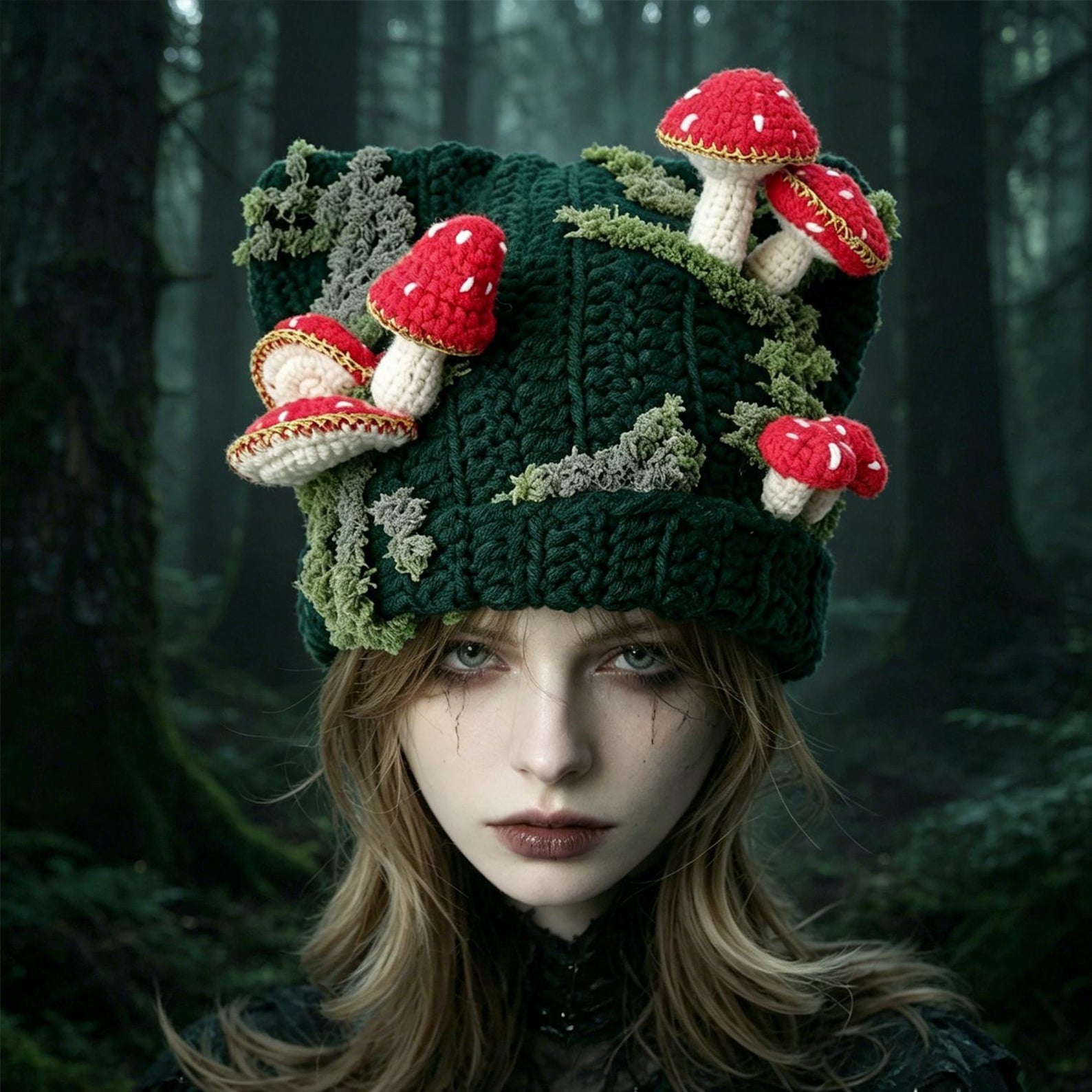 3D Mushroom Cat-Ear Beanie — Hand-Crochet Cottagecore Hat