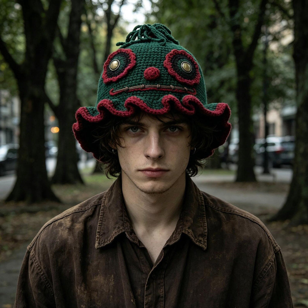 Brown Clown Monster Hat — Spooky Ruffle Hand-Crochet Beanie