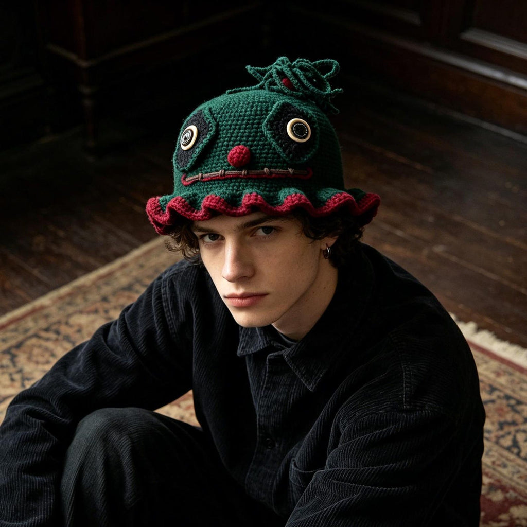 Dark Green Clown Hat — Ruffle Hand-Crochet Statement Beanie