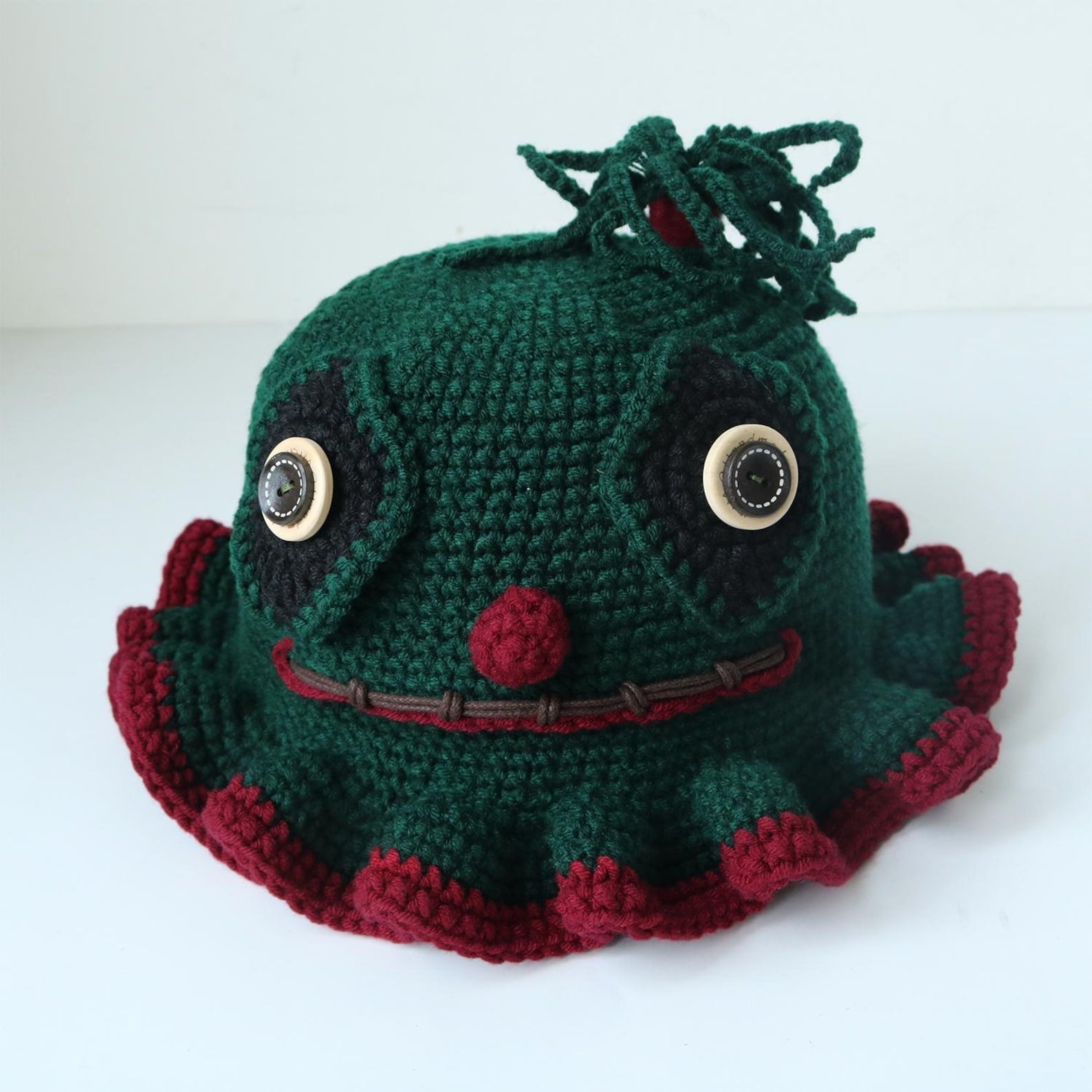 Dark Green Clown Hat — Ruffle Hand-Crochet Statement Beanie