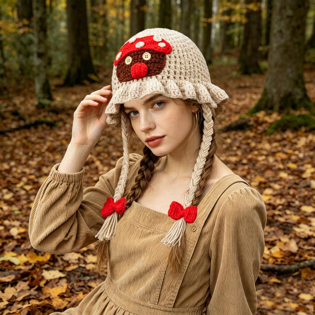 Beige Mushroom Sprite Bucket Hat — Ruffled Hand-Crochet Forest Hat