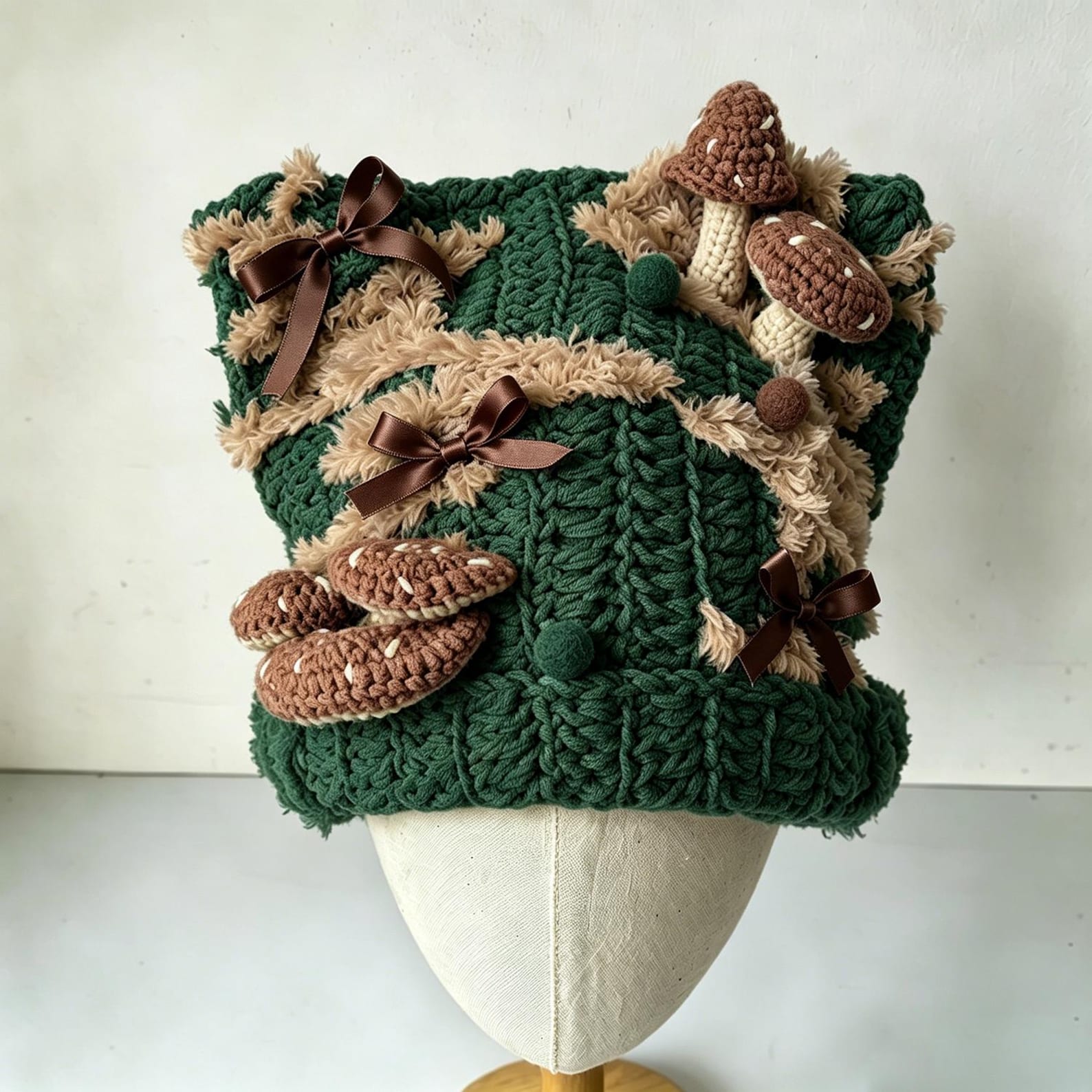 Dark Green Mushroom Beanie — Chunky Knit Fairycore Hand-Crochet Hat