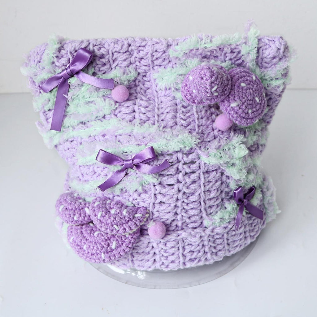 Purple Mushroom Beanie — Chunky Knit Fairycore Hand-Crochet Hat