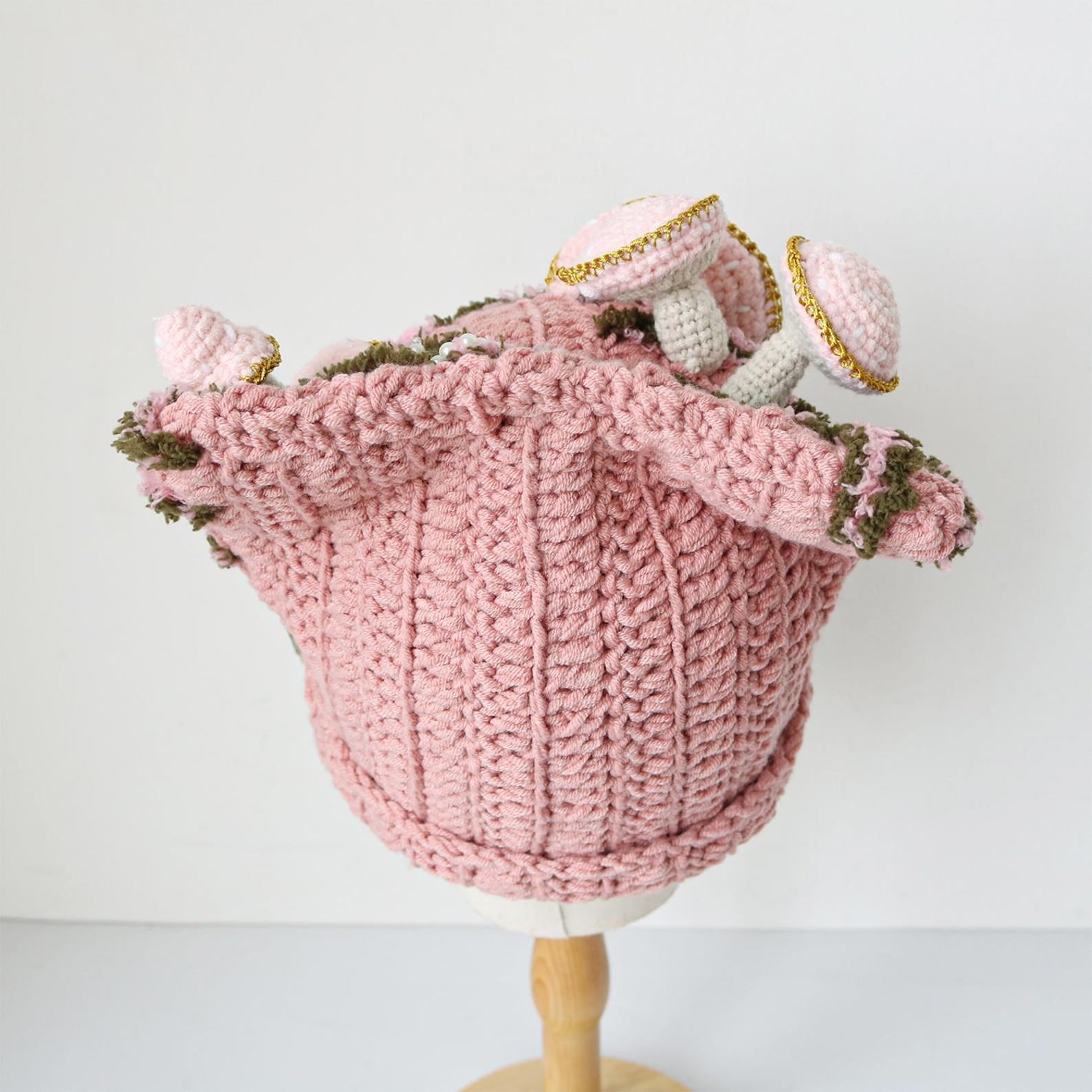 3D Mushroom Beanie — Cottagecore Hand-Crochet Hat with Flowers & Pearl