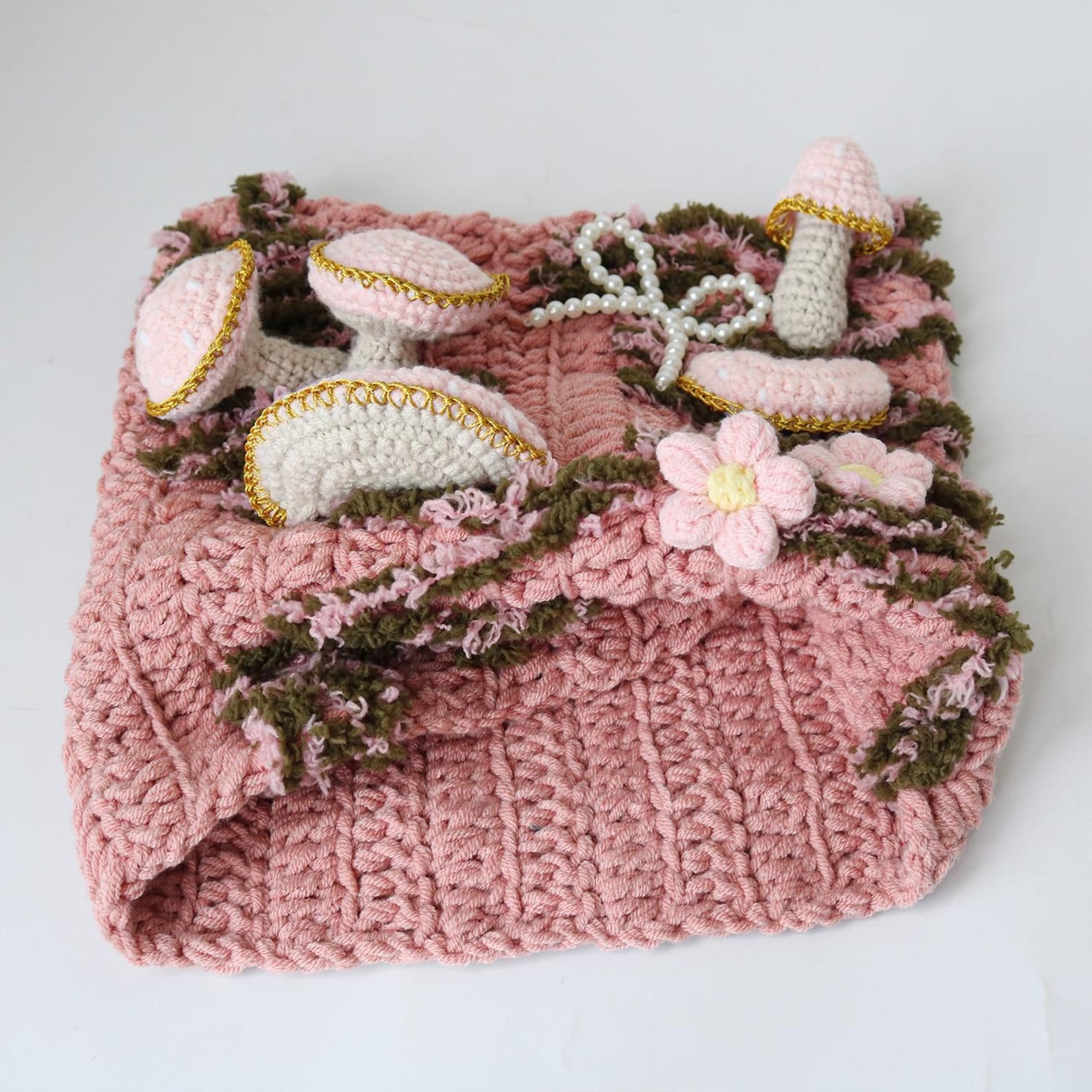 3D Mushroom Beanie — Cottagecore Hand-Crochet Hat with Flowers & Pearl