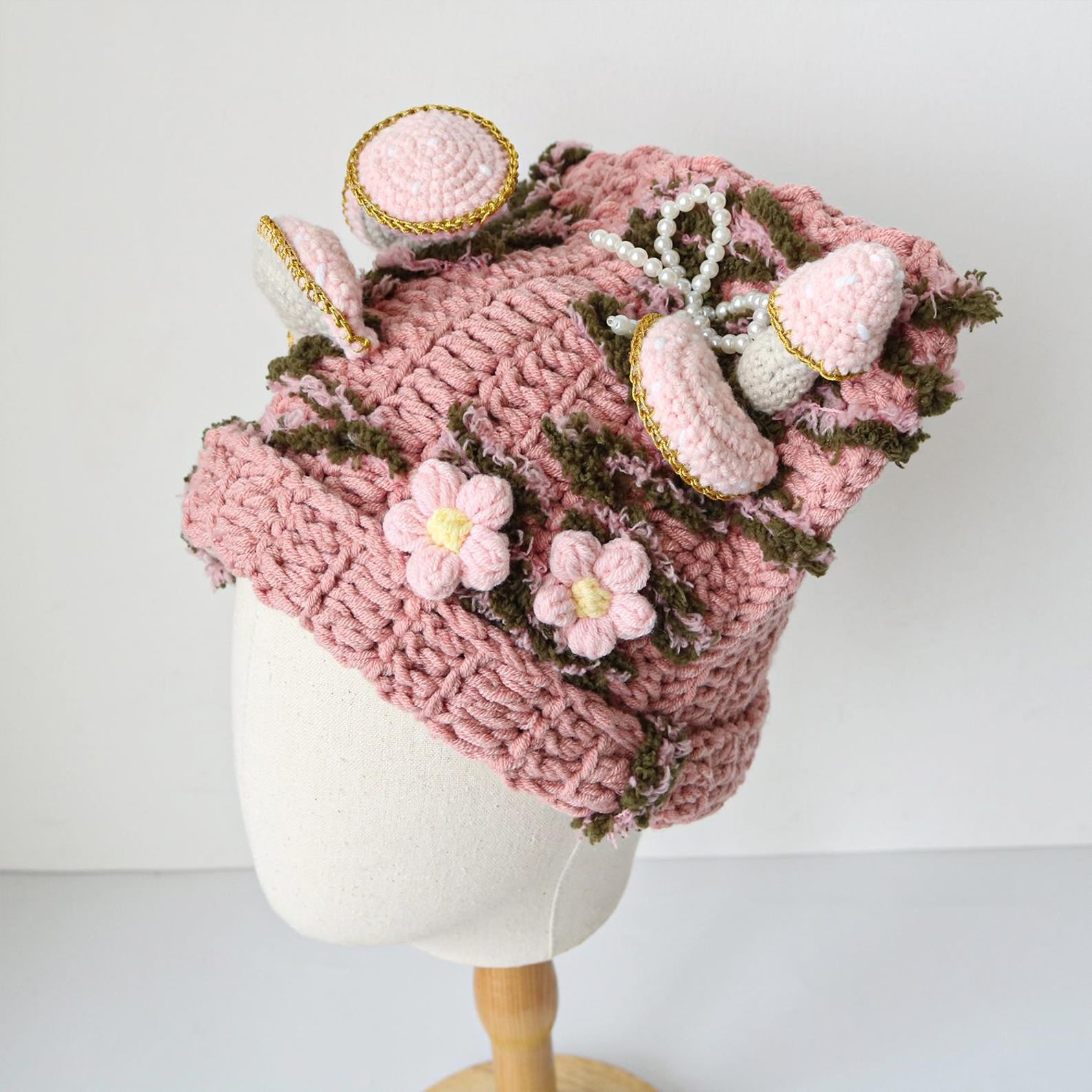 3D Mushroom Beanie — Cottagecore Hand-Crochet Hat with Flowers & Pearl
