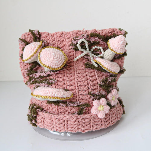 3D Mushroom Beanie — Cottagecore Hand-Crochet Hat with Flowers & Pearl