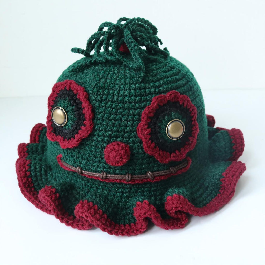 Dark Green Clown Monster Hat — Spooky Ruffle Hand-Crochet Beanie
