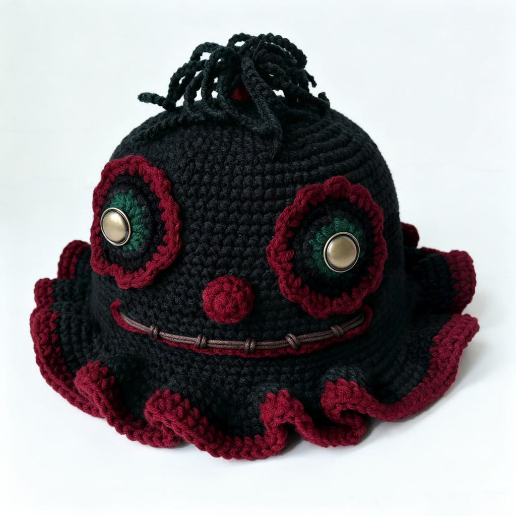 Black Clown Monster Hat — Spooky Ruffle Hand-Crochet Beanie