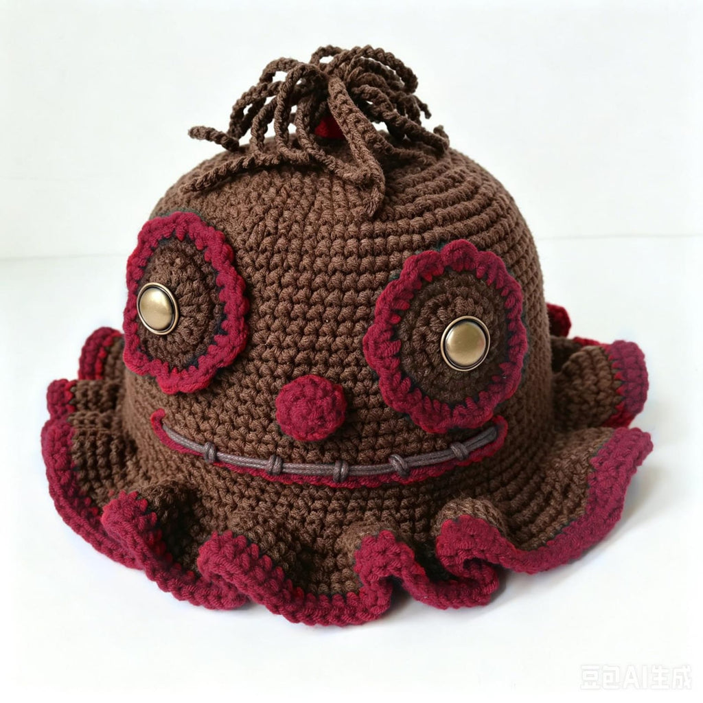 Brown Clown Monster Hat — Spooky Ruffle Hand-Crochet Beanie