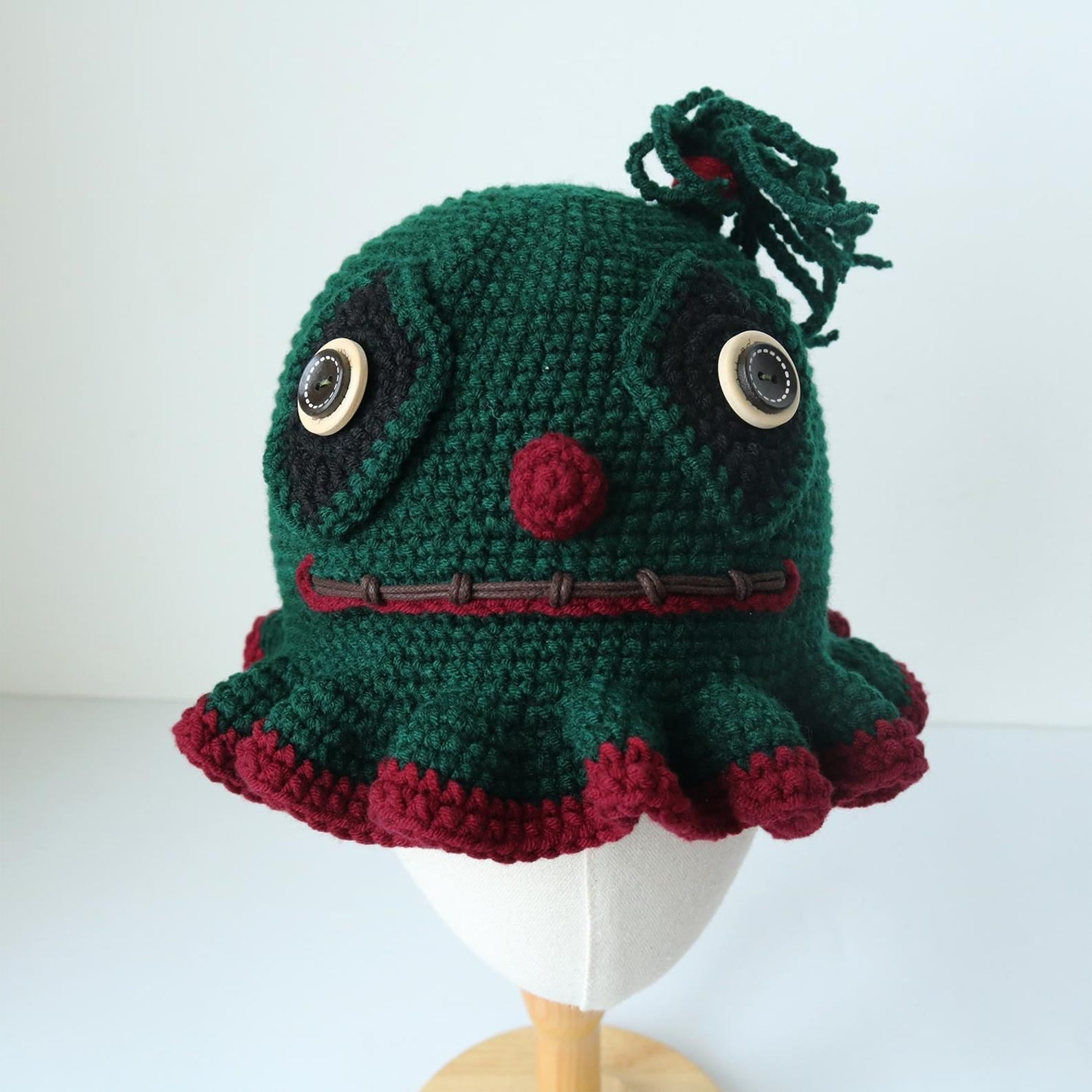 Dark Green Clown Hat — Ruffle Hand-Crochet Statement Beanie