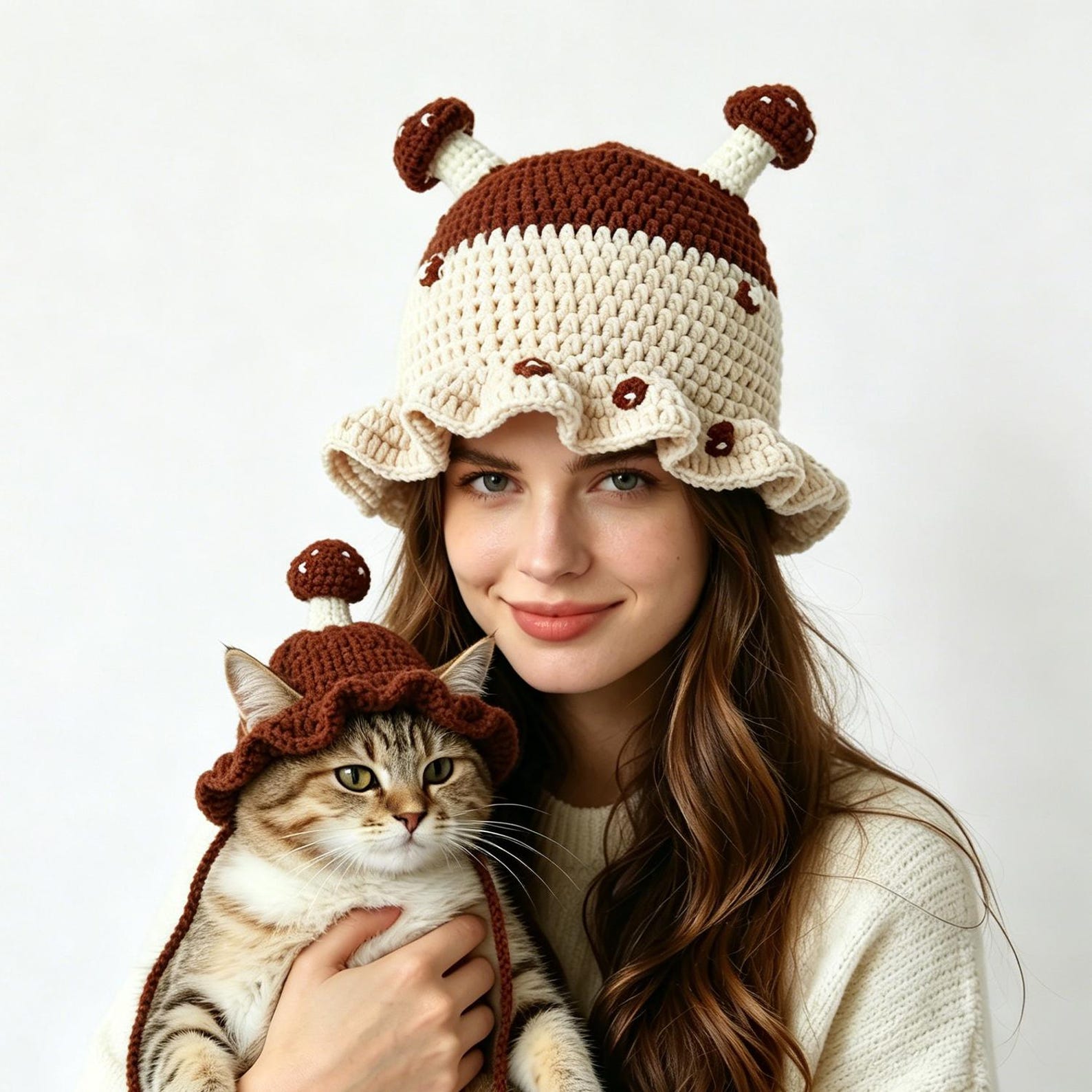 Beige Mushroom Hat Set — Hand-Crochet Human & Pet Matching Bucket Hats