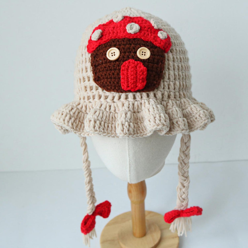 Beige Mushroom Sprite Bucket Hat — Ruffled Hand-Crochet Forest Hat