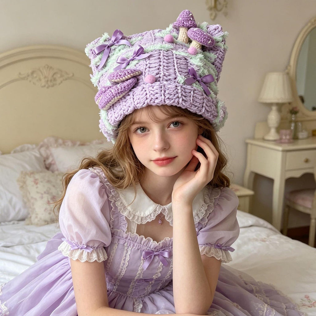 Purple Mushroom Beanie — Chunky Knit Fairycore Hand-Crochet Hat