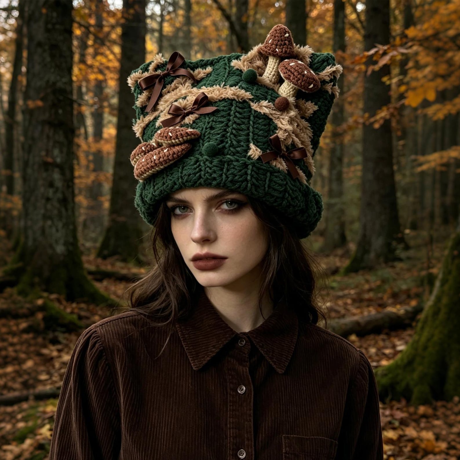 Dark Green Mushroom Beanie — Chunky Knit Fairycore Hand-Crochet Hat