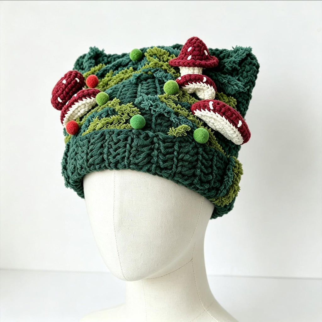 Dark Green & Burgundy Mushroom Beanie — Chunky Woodland Hand-Crochet Hat